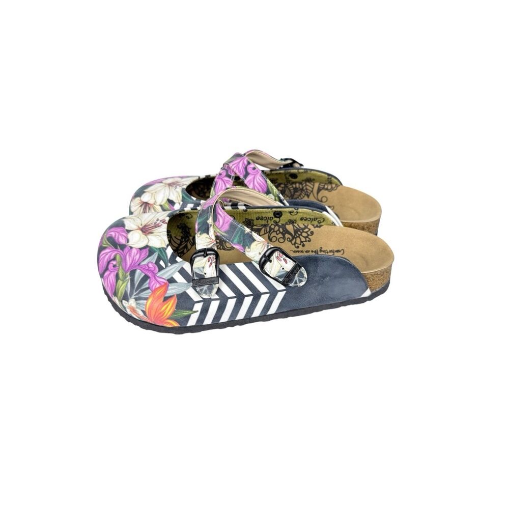 Calceo Women Mule Size 7 Handmade  Vegan Leather Flowers Stripes Design Turkey